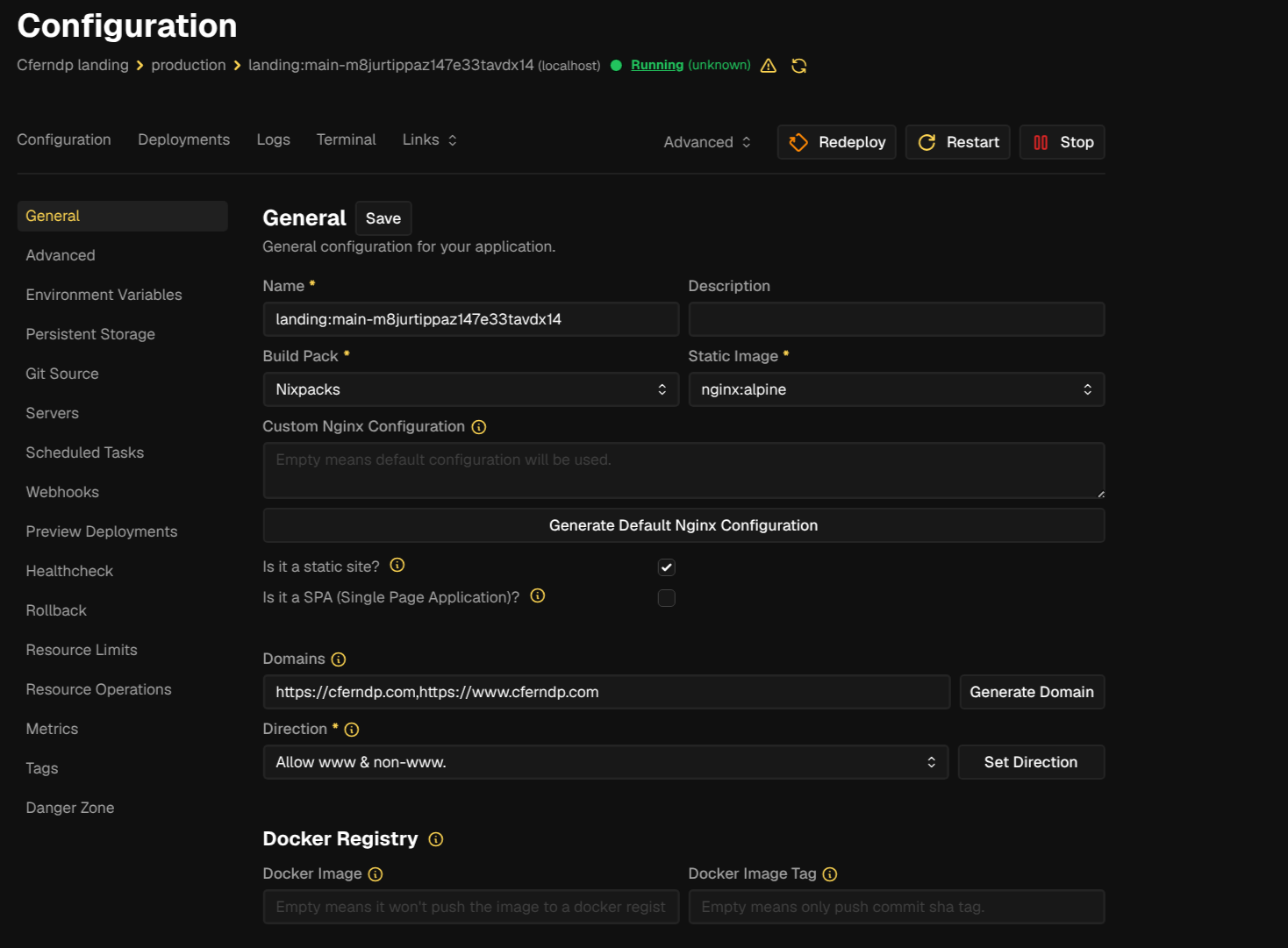 Coolify service configuration panel for the Astro site showing domain, Nixpacks build pack, and port