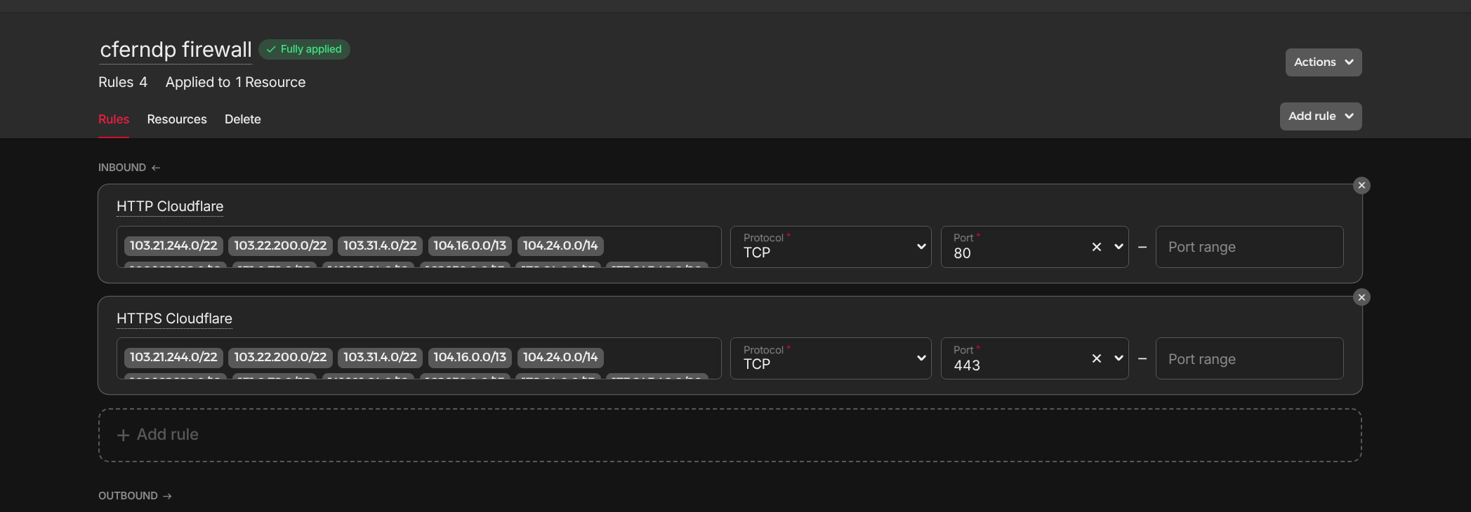 Hetzner Firewall inbound rules showing only Cloudflare IP ranges allowed